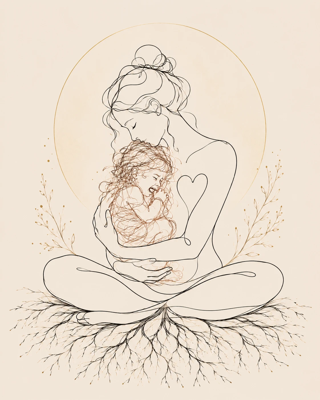 Line drawing of a woman sitting cross-legged, eyes closed, tenderly holding a crying child close, with roots spreading beneath her